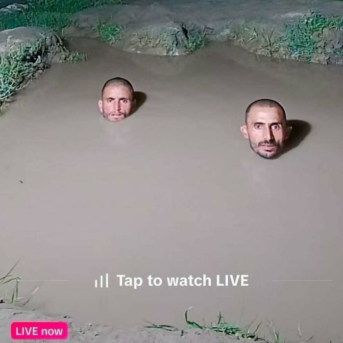 Two men with only their heads visible above muddy water in a surreal cursed image disturbing 200K fans on Instagram.