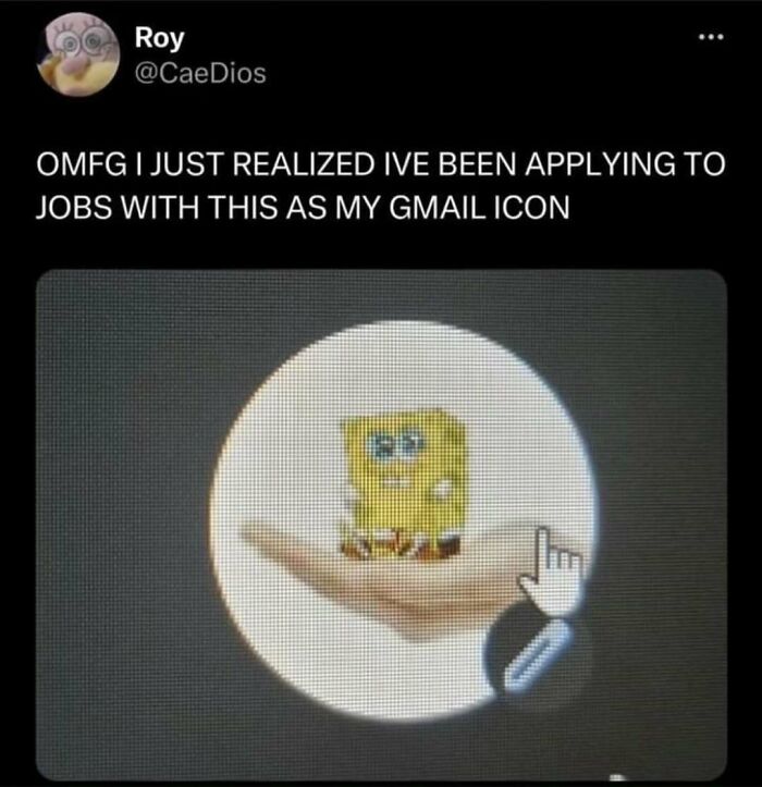 Screenshot of a tweet showing a SpongeBob Gmail icon with a broken sense of humor meme.