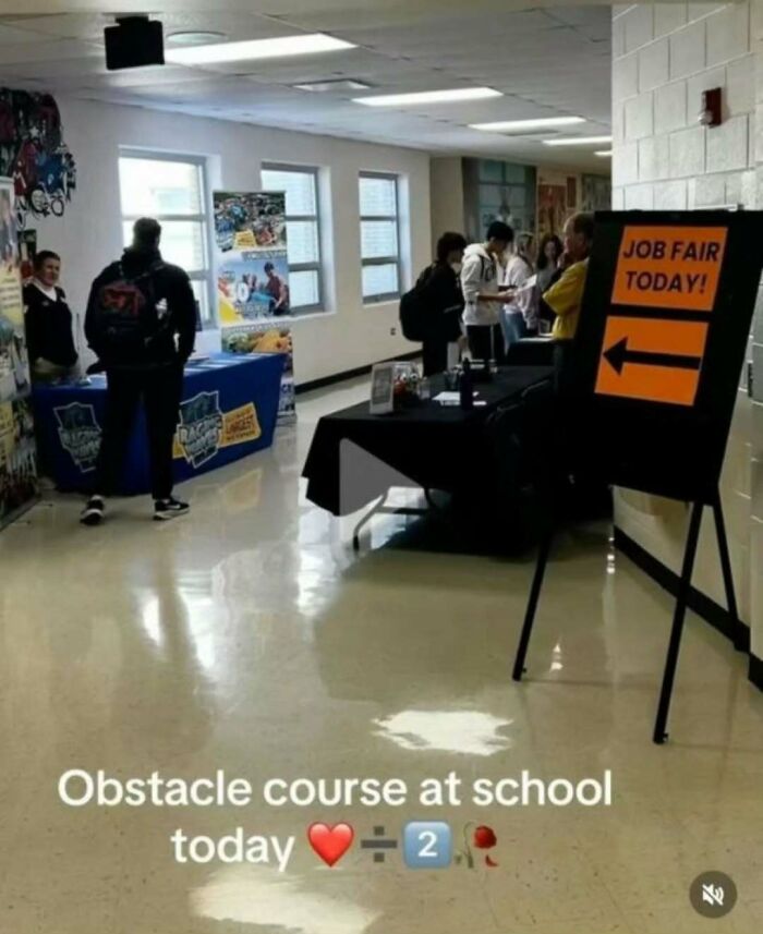 Students at a job fair navigating hallway obstacles with humor, illustrating memes for broken sense of humor fans.