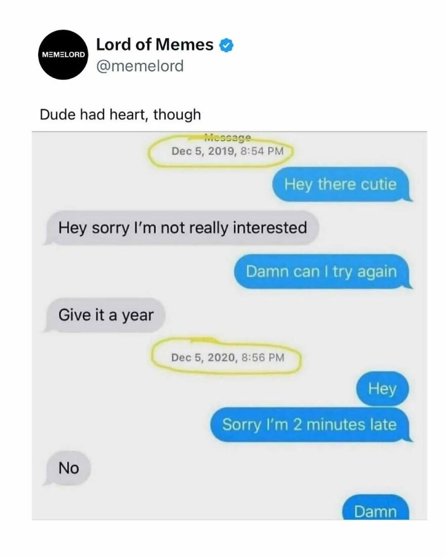 Text message meme showing a one-year gap between texts, highlighting persistence in memes that break doomscrolling cycles.