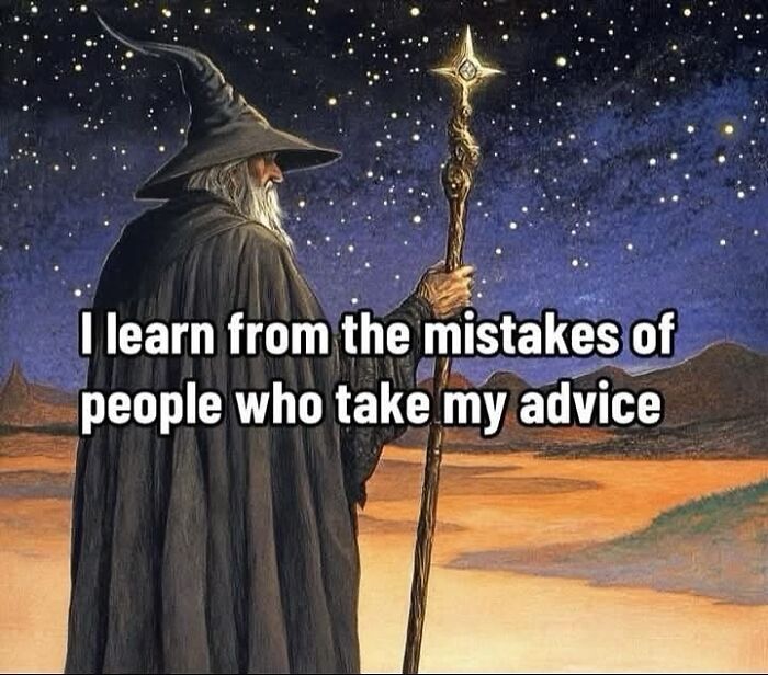 Wizard holding a staff under a starry sky with a meme about learning from mistakes, perfect for introvert-worthy memes.