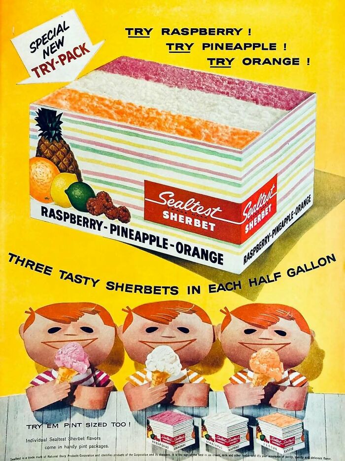 Vintage advertisement for Sealtest sherbet flavors raspberry, pineapple, and orange in a colorful retro style.