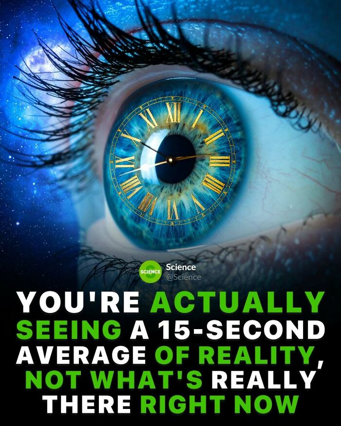 Close-up of a blue eye with a clock overlay representing time and reality in cool and interesting science facts.