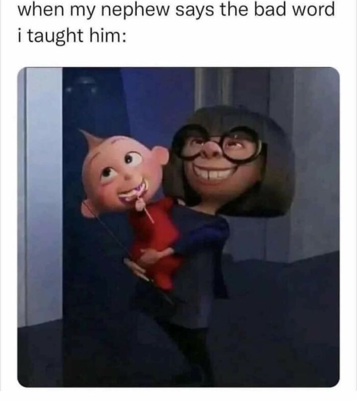 Animated scene of a woman holding a smiling baby with a lollipop, funny meme illustrating moments that feel too real.