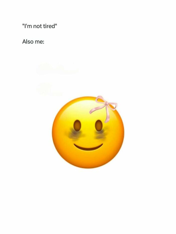 Tired emoji with dark circles and a pink bow representing a funny meme for daily dose of laughter and good vibes