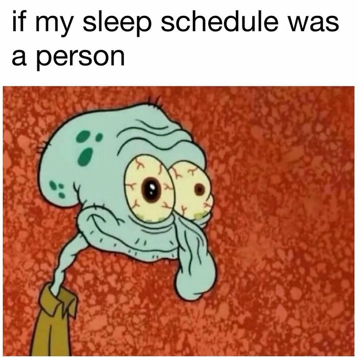 Cartoon character with tired, bloodshot eyes representing a funny meme about an exhausting sleep schedule for laughter and good vibes.