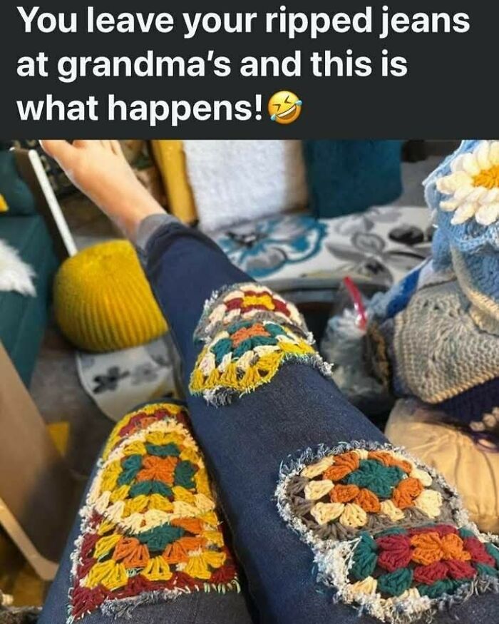 Ripped jeans creatively repaired with colorful crochet patches, showcasing crafty ideas for unique clothing transformations.