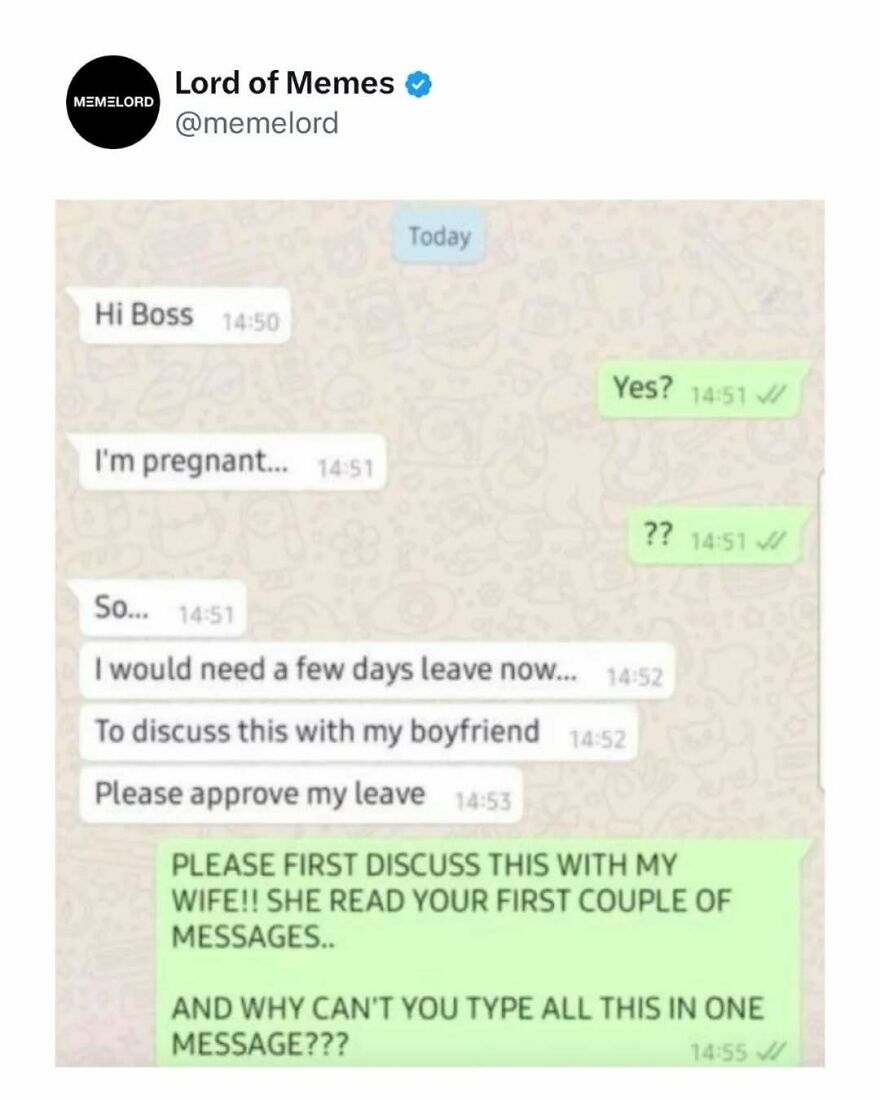 Chat conversation meme showing a humorous work leave request, perfect for memes that break your doomscrolling cycle.