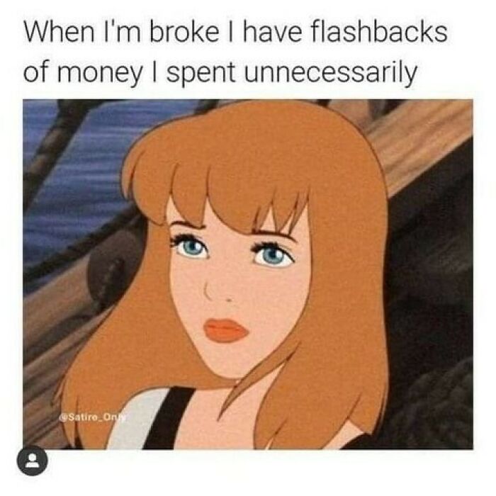 Animated woman with red hair looking thoughtful, paired with a funny meme about money and relatable moments.