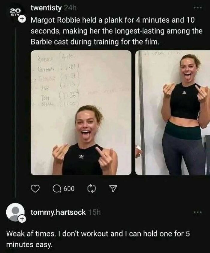 Actor Margot Robbie showing a playful gesture while holding the longest plank time in a chaotic meme format.
