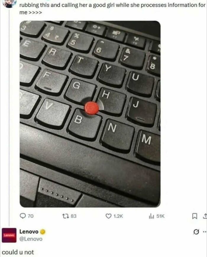 Close-up of a laptop keyboard with a red trackpoint, featured in a random meme that brings chaos and laughter online.