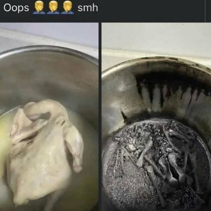 Raw chicken in a pot on the left and burned chicken bones in a pot on the right, a cursed image disturbing fans.