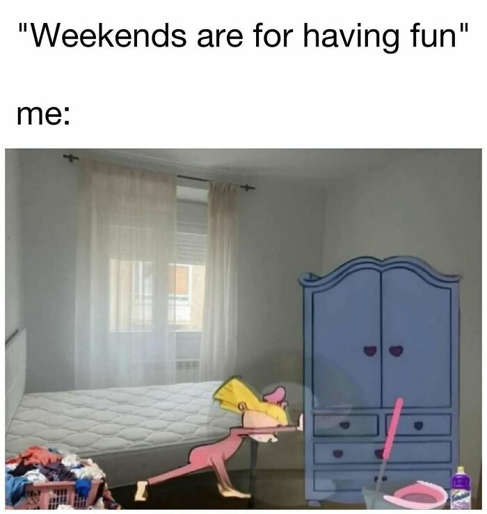 Cartoon character stretching in a bedroom, featured in hilarious memes for your daily dose of laughter and good vibes.