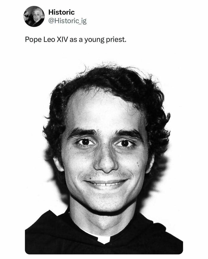 Black and white photo of young priest Pope Leo XIV smiling, a captivating historic photo with fascinating story.