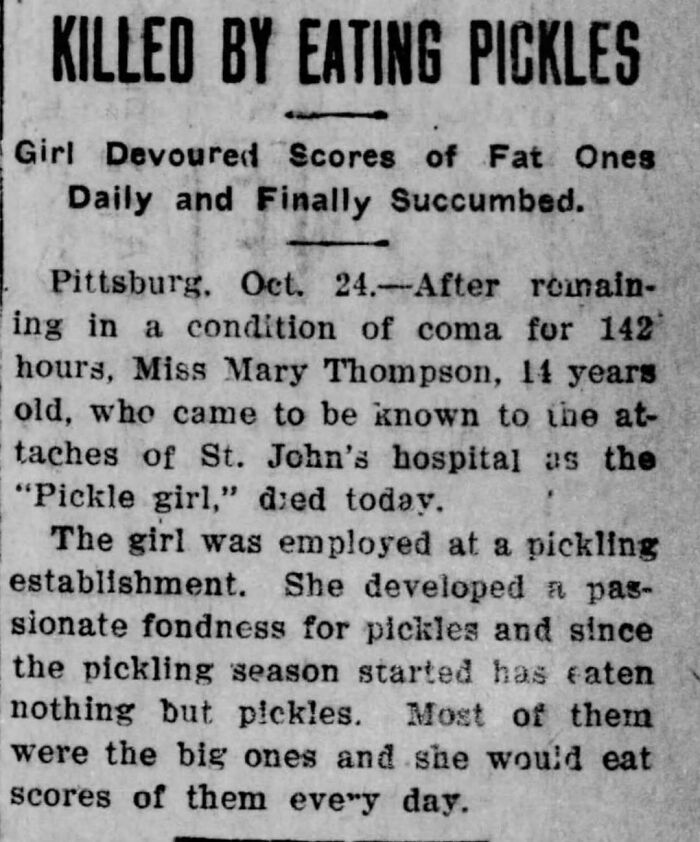 Historical photo of a newspaper article about a girl who died from eating pickles, highlighting an interesting heartbreaking backstory.