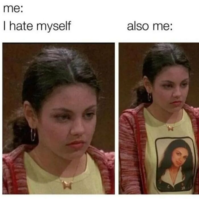 Young woman in a red sweater showing contrasting emotions, capturing the humor of introvert-worthy memes.