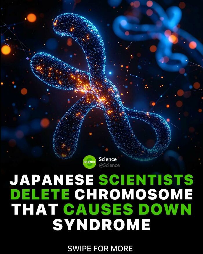 3D illustration of a chromosome with glowing particles representing cool and interesting science facts about the world.