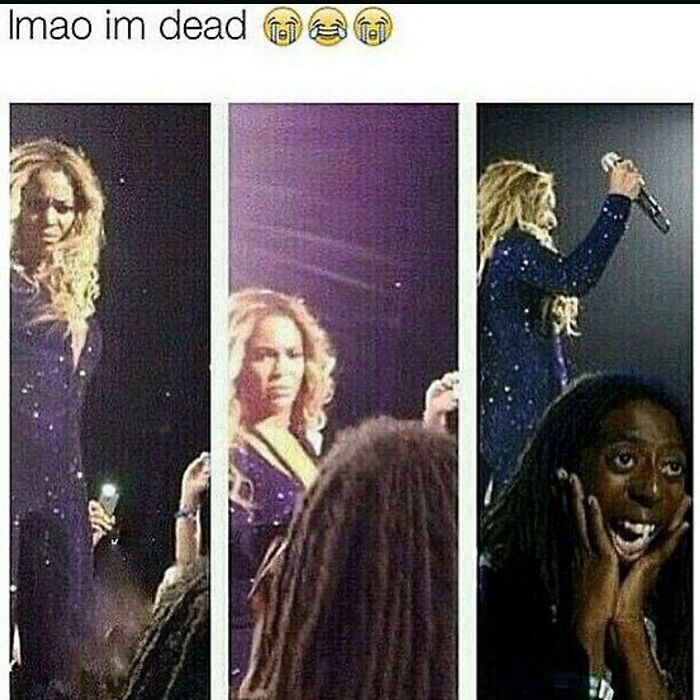 Three-panel meme with a woman on stage and a fan reacting dramatically, capturing introvert-worthy meme humor.