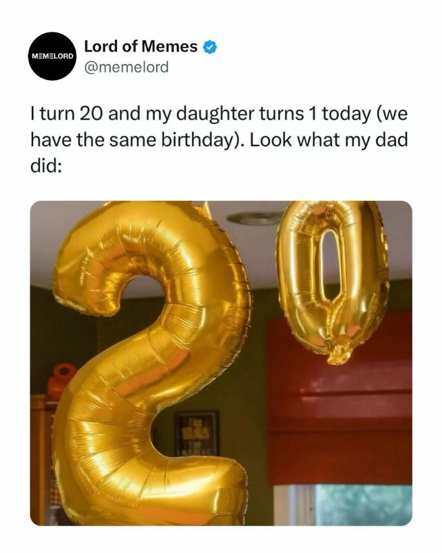Tweet from Lord of Memes with gold balloons shaped as numbers 2 and 0 celebrating a shared birthday meme, part of memes collection.