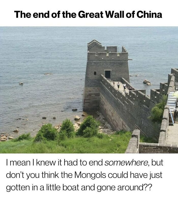 Humorous meme showing the Great Wall of China ending at the sea, highlighting random memes that bring chaos and laughter.