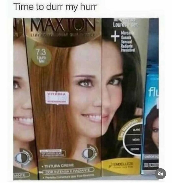 Hair dye boxes with a woman's face split into three parts, creating a humorous introvert-worthy meme image.