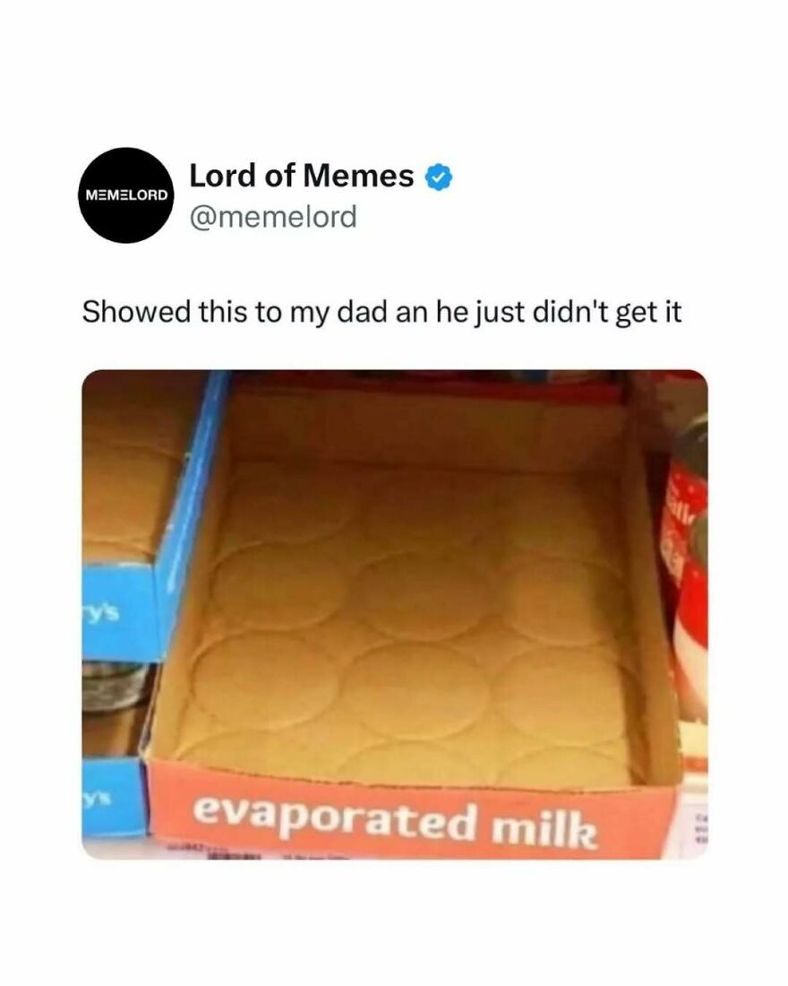 Tweet from Lord of Memes showing an empty evaporated milk box with circles resembling milk evaporated, a funny meme to break doomscrolling.