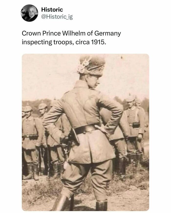 Historic photo of Crown Prince Wilhelm of Germany inspecting troops during World War I, showcasing early 20th century military uniforms.