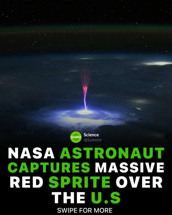 NASA astronaut capturing massive red sprite lightning phenomenon over the US, showcasing cool and interesting science facts.
