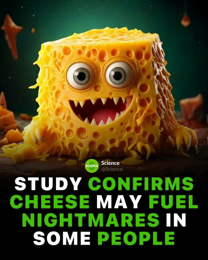 Animated cube of cheese with eyes and sharp teeth, illustrating cool and interesting science facts about the world.