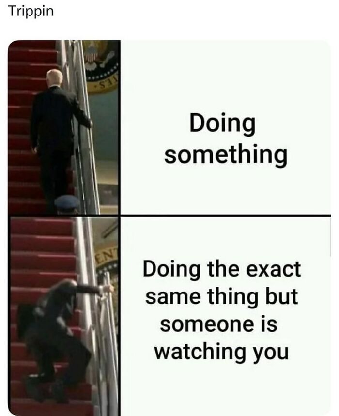 Meme showing a man tripping while walking upstairs illustrating introvert-worthy memes about social awkwardness.