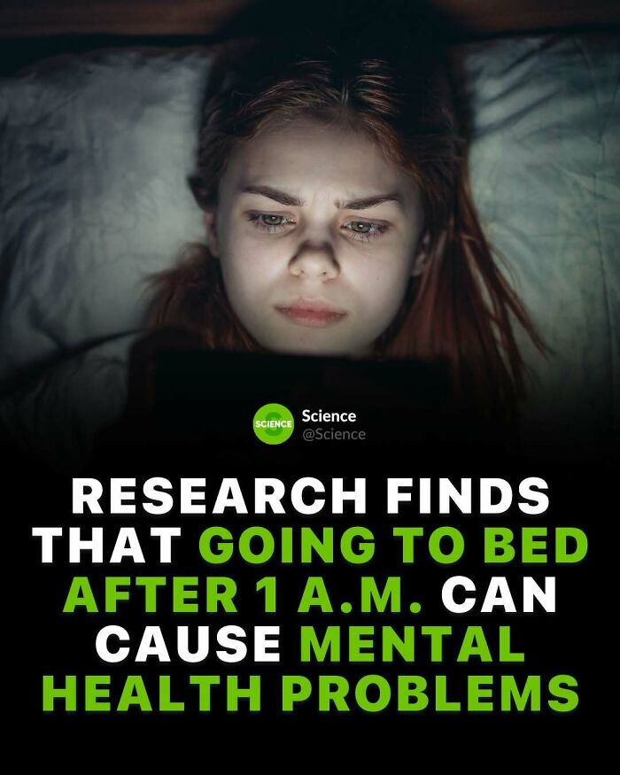 Young woman lying in bed using a device late at night highlighting science facts about mental health and sleep habits.
