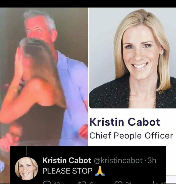 Two people laughing and a social media post by Kristin Cabot, capturing moments of random memes and unfiltered fun.