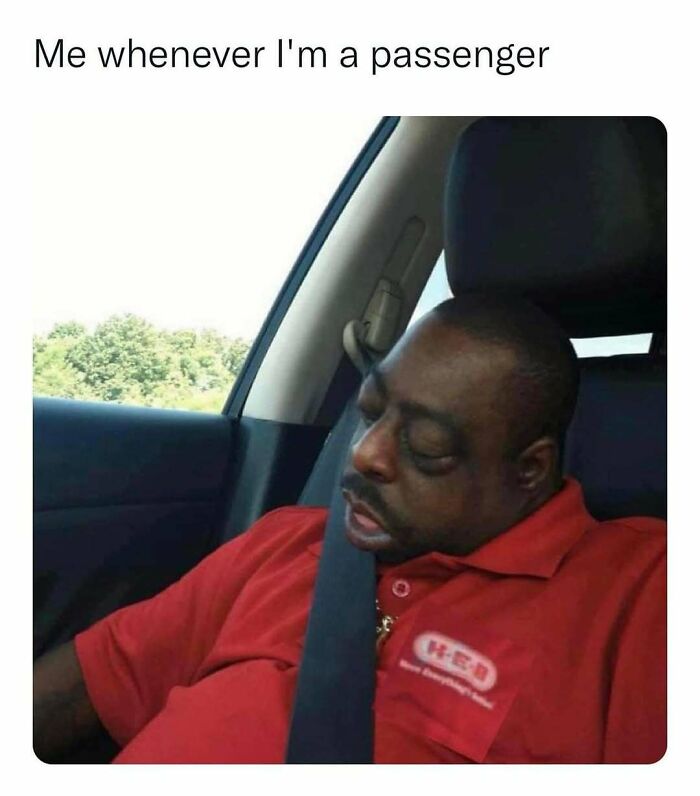 Man wearing red shirt sleeping in car seatbelt on as a funny meme that hits the too real part of the brain