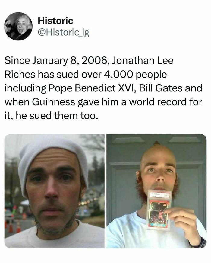 Two historic photos showing Jonathan Lee Riches, known for suing over 4,000 people including famous figures and organizations.