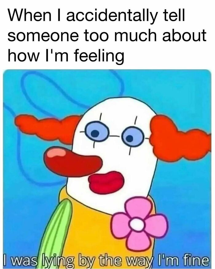 Cartoon clown with red hair and flower, expressing awkwardness about sharing feelings in a hilarious meme for daily laughter and good vibes.