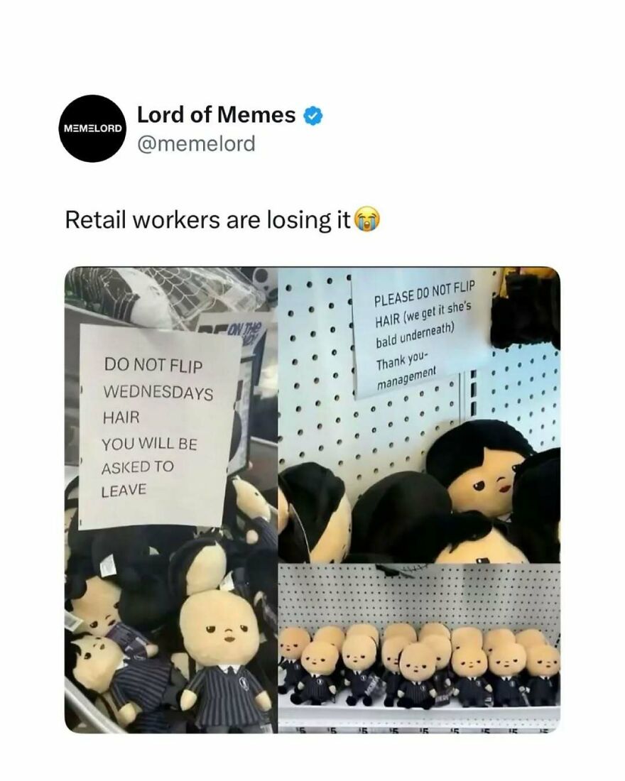 Retail workers share memes about toy hair rules, showcasing relatable humor to break your doomscrolling cycle.