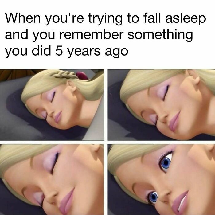Animated woman trying to fall asleep then suddenly opening eyes recalling past memory, a hilarious meme for daily laughter and good vibes.
