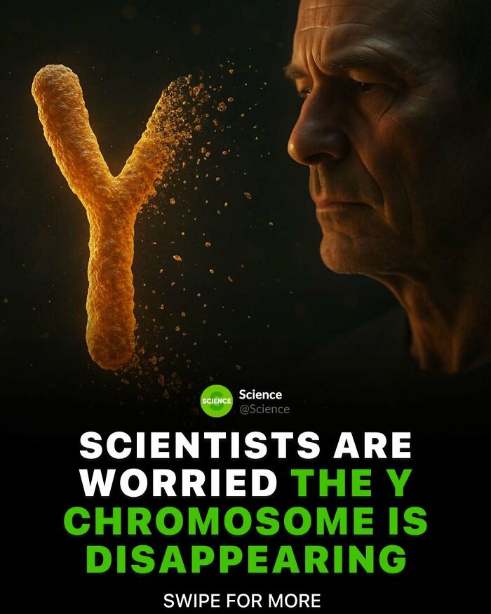 Older man facing a dissolving Y chromosome, representing cool and interesting facts about world and science.