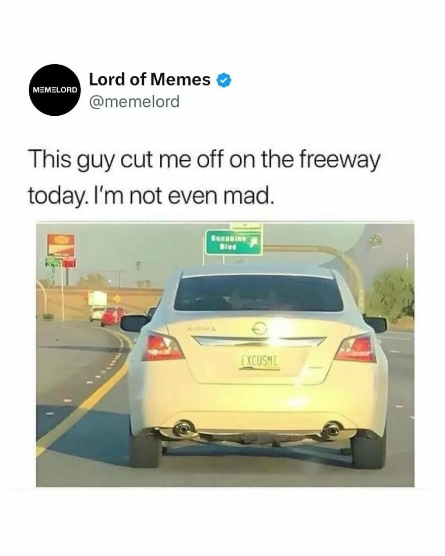 Car with license plate reading EXCUSMI on freeway, humorously capturing a meme meant to break doomscrolling cycle.