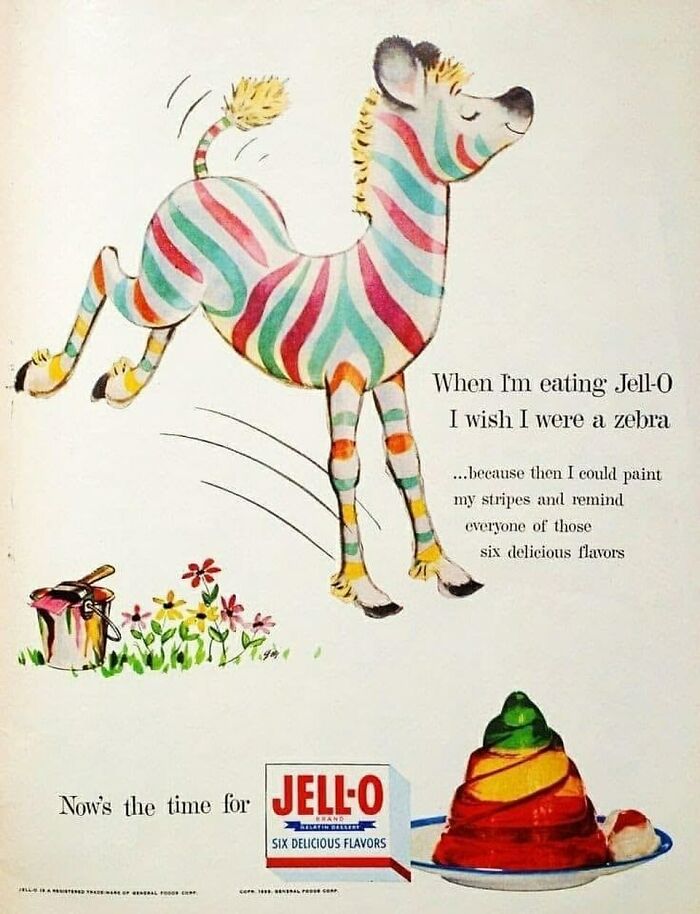 Vintage Jell-O ad with a colorful striped zebra and retro dessert, evoking nostalgia and June Cleavers vintage closet era.