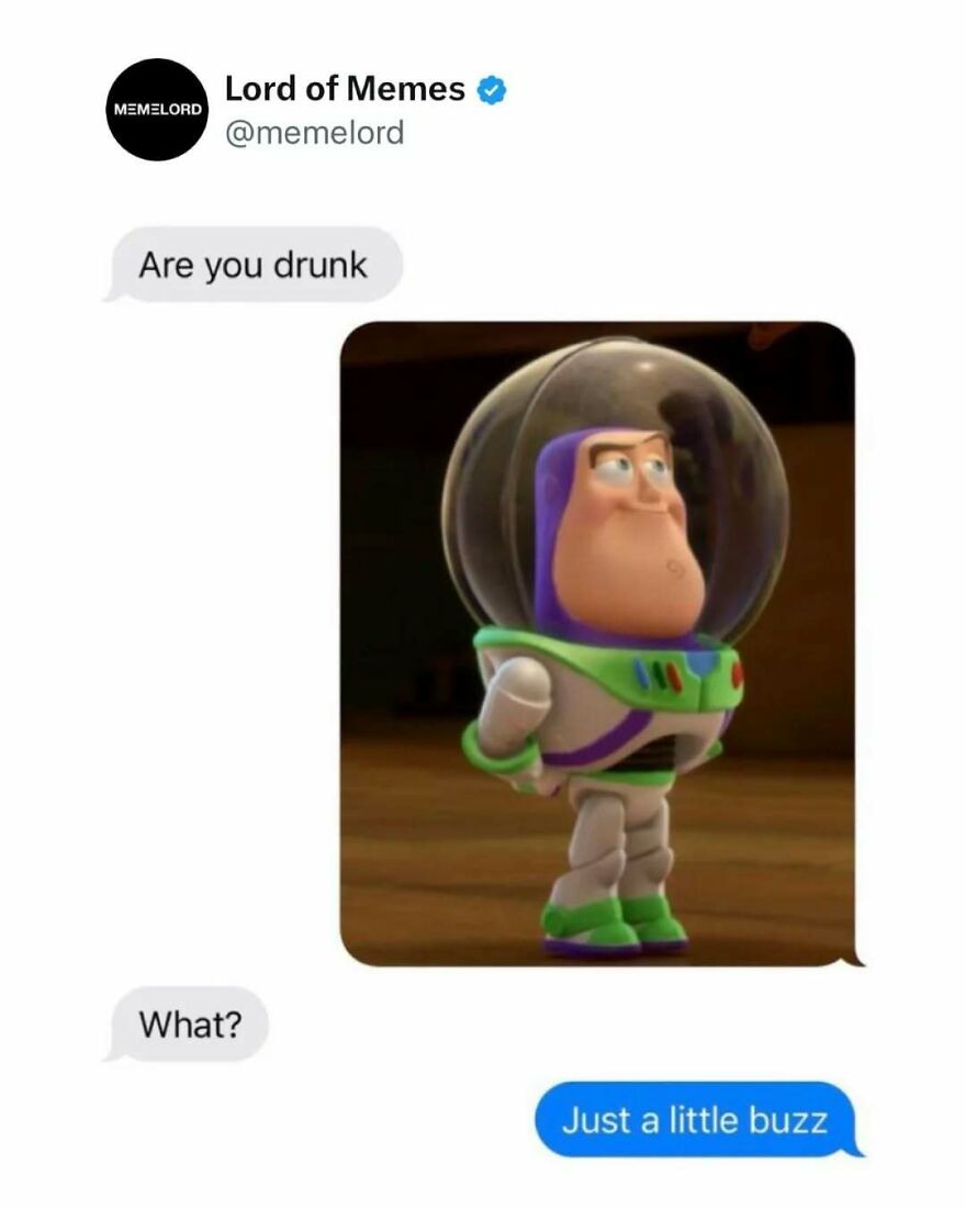 Text message meme with Buzz Lightyear from Toy Story, humorously referencing a buzz and memes breaking doomscrolling.