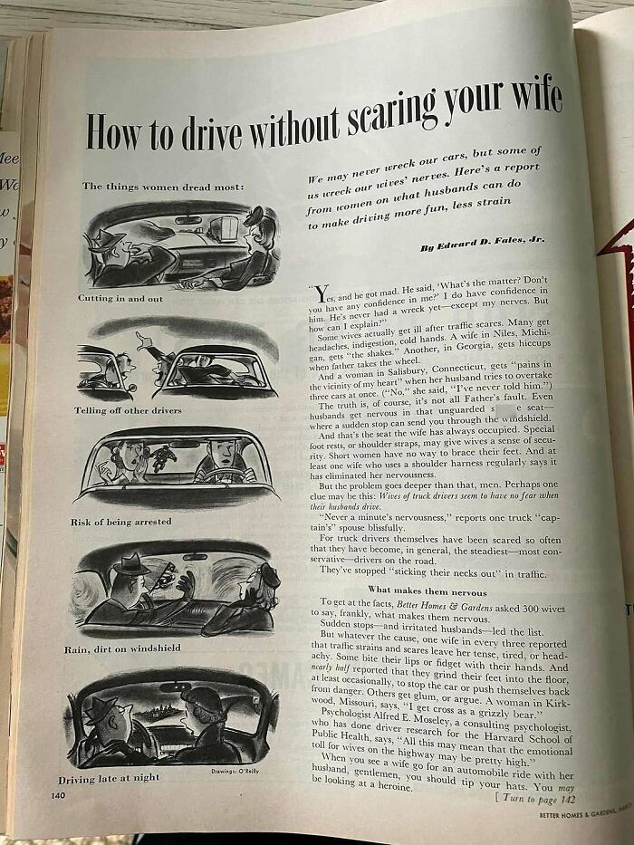 Vintage magazine page showing old-timey illustrations on how to drive without scaring your wife, vintage closet era feel.