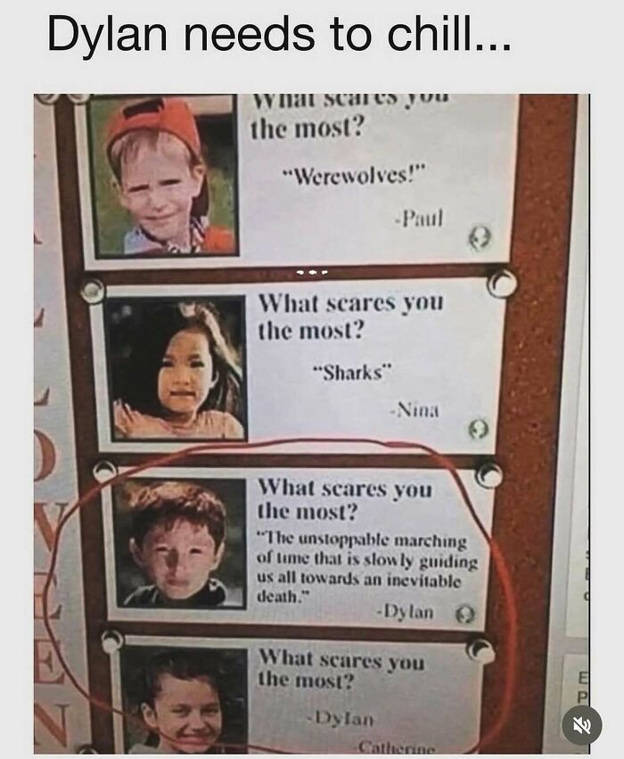 Child's funny school poster about fear with introvert-worthy meme highlighting existential dread humor.