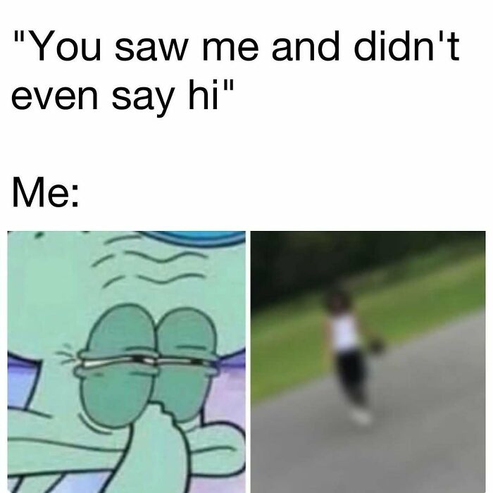 Meme showing Squidward holding his nose and person walking away, representing funny memes for laughter and good vibes.