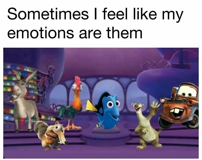 Animated characters from various movies express emotions humorously, capturing hilarious memes and good vibes for daily laughter.