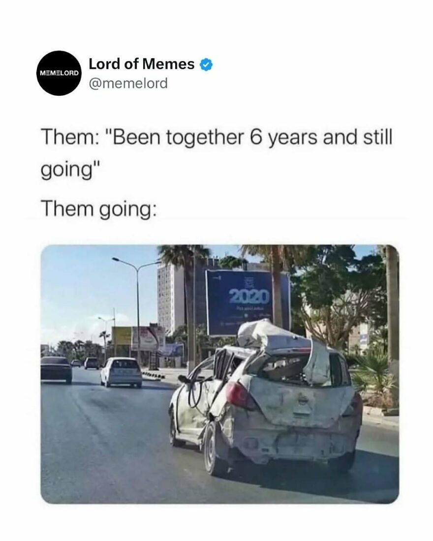 A meme showing a severely damaged car on the road illustrating a failed relationship, featured in memes to break doomscrolling.