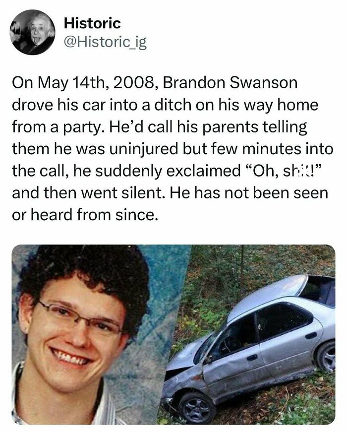 Photo collage of a young man smiling and a damaged car in a ditch, illustrating an interesting historic photo story.