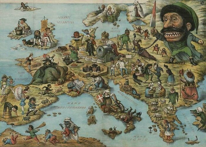 Italian satirical map of Europe in the 1870s featuring humorous and symbolic characters for SEO historical photos backstories.