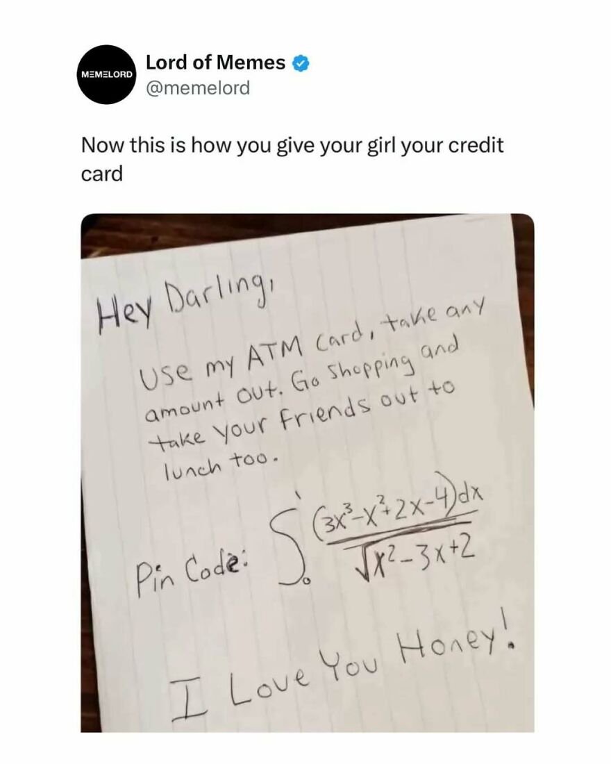 Handwritten note with a complex math integral as a credit card pin code in a meme from the break your doomscrolling cycle series.