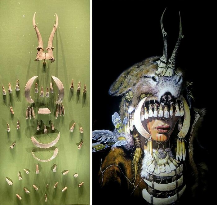 Reconstructed historical tribal headdress made of bones and teeth shown beside a detailed illustration of its original use.